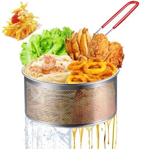 Deep Fryer Basket, 7.8''x4'' Fry Only, Round Stainless Steel Frying Baskets with Heat Resistant Silicone Handle, for Kitchen Cooking Strainer Colander, Serving Food, Ideal for Gift, 3-Quart