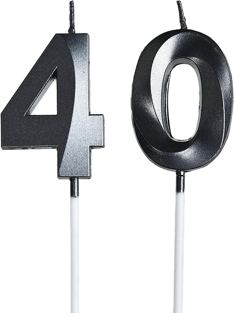 Bailym Black 40th Birthday Candles, Number 40 Cake Topper for Birthday Decorations Party Decoration (Black)