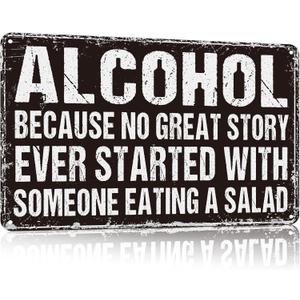 2 x YVHOGTA Funny Bar Metal Sign No Great Story Started with Salad Vintage Beer Sign for Home Bar Basement Garage Man Cave Decor 12x8 Inch