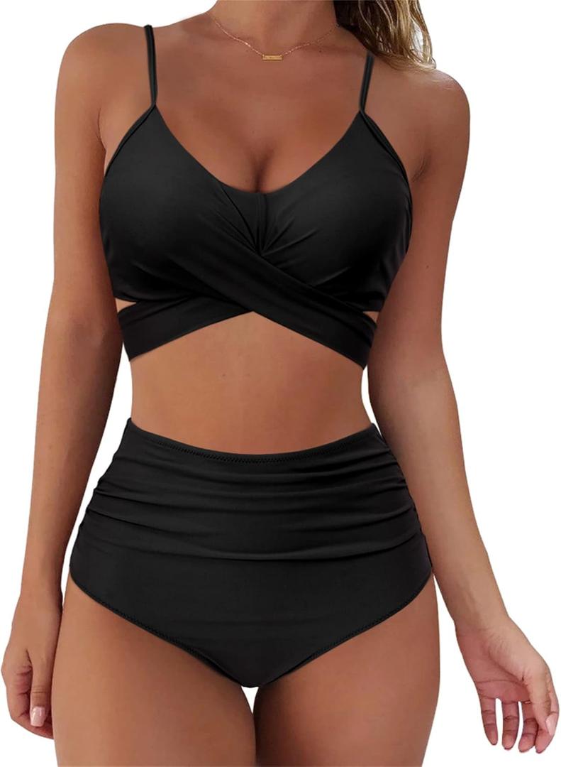 SUUKSESS Women Wrap Bikini Set Push Up High Waisted 2 Piece Swimsuits (4-6, Black)