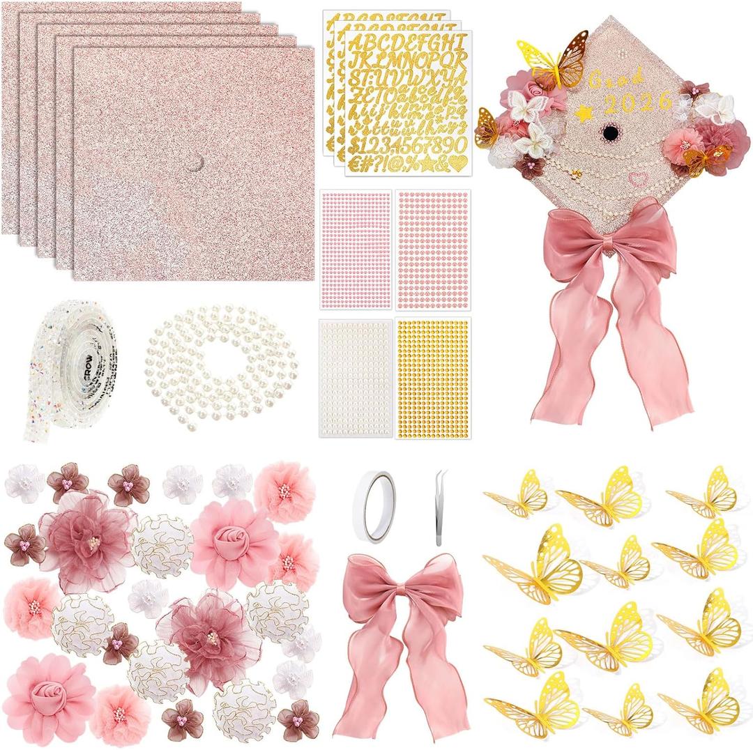 Wavwavw 58 Pcs DIY Graduation Cap Decorations Kit Grad Cap Decor Included Faux Flowers Bow Mesh 3D Butterfly Stickers, Adhesive Rhinestones, Glitter Letter Stickers, for 2026 Grad Party(Rose Pink)