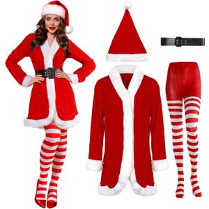 Sureio 4 Pcs Mrs Santa Claus Costume Women Christmas Dress Suit Cosplay Velvet Outfit with Belt Hat Striped Tights Elf Ears (Red, White)