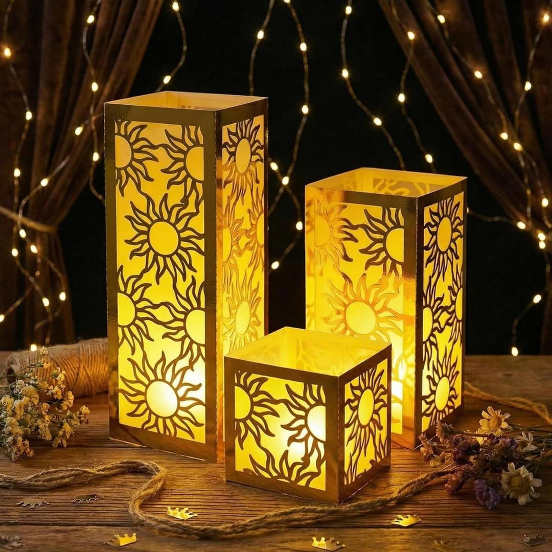 12 Sets Princess Sun Centerpieces for Table Decorations 3 Size Purple Princess Birthday Paper Lantern Boxes with Tea Lights Candles Table Ideas Decorations for Sun Birthday Party (Gold)