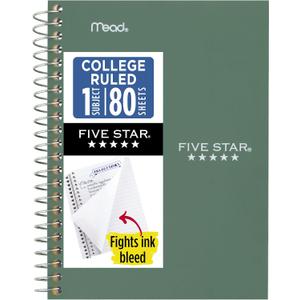 Five Star Spiral Notebook, 1 Subject, College Ruled Paper, 4-3/8" x 7", Personal Size, 80 Sheets, Fights Ink Bleed, Water Resistant Cover, Seaglass Green (450048CH1-ECM)