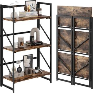 JSB No Assembly Folding Bookshelf, 3 Tier Industrial Metal Book Shelf for Storage, Vintage Wood Foldable Bookcase for Living Room, Bedroom, Office Organization Shelves (Fire Brown)