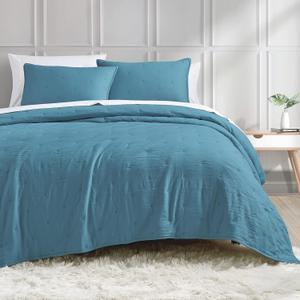BOURINA Embroidery Quilt Set 3-Piece Oversized Queen Quilt Set Pre-Washed Microfiber Ultra Soft Lightweight Star Embroidery Bedspread Coverlet Set, Teal