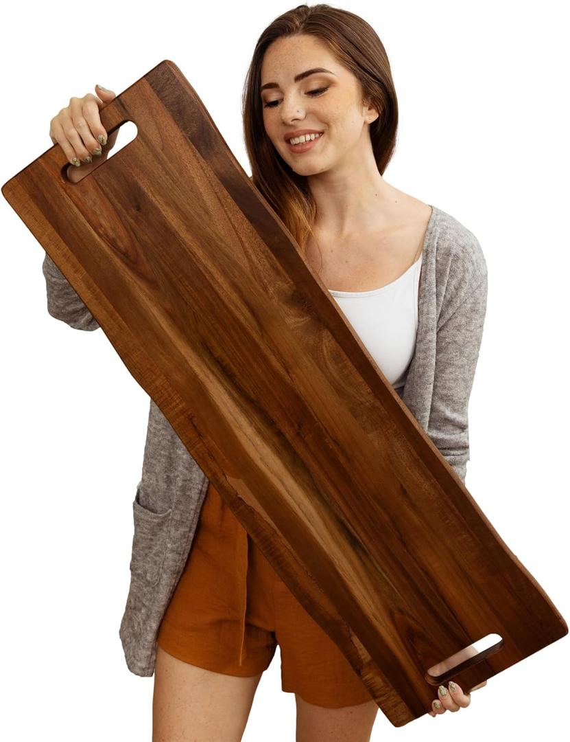 Large Acacia Serving Board with Handles, 36 x 12 Inch Rectangular Charcuterie Platter, Natural Wood Server for Meat, Cheese Board, and Party Appetizers, Extra Long 3ft (Dark)