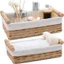 Round Paper Rope Storage Basket, Wicker Baskets for Organizing with Handle, Decorative Bins for Countertop, Toilet Paper Basket for Toilet Tank Top, Small Baskets Set (Set of 2,Beige)
