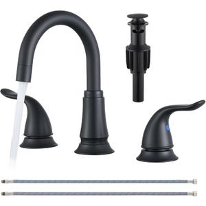 Matte Black Widespread Bathroom Faucet 3 Hole, 8 Inch Adjustable Bathroom Sink Faucet with Pop-Up Drain & Supply Lines, Dual Handle 360 Swivel Spout, Modern Design (1 Pack)