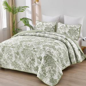 WONGS BEDDING Botanical Quilt Set King, Sage Green 3 Pieces Toile Floral Plants Printed Bedspread Bedding Set Soft Lightweight Microfiber Coverlet Set for All Season (104"x90")
