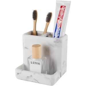 Toothbrush Holder for Bathrooms Organizer Countertop Organizer Accessories, with 3 Compartment Storage for Toothbrush Toothpaste Floss Razors, White Imitation Marble Finish Toothbrushholder03 (1 Pack)