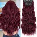 KooKaStyle Burgundy Clip in Hair Extensions for women Synthetic Heat Resistant 4PCS Thick Long Wavy Hairpieces 24 Inch