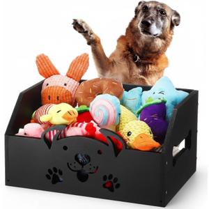 AceOrbit Large Dog Toy Basket, 13.5 x 9 x 7 Inch Wood Dog Toy Bin with Handle Pet Stuff Organization and Storage for Toys, Chew, Blankets, Leashes, Food Gift for Living Room Area(Black)