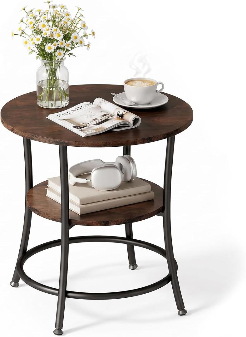 Round End Table, 21.65" 2-Tier Side Table with Storage Shelf, 21.65 x 21.65 x 21.85 inches