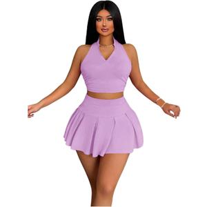 RoseSeek Women's 2 Piece Tennis Skirt Set Sleeveless Racerback Crop Tank Tops High Waisted Pleated Mini Skirt Outfits (X-Large, Light Purple)