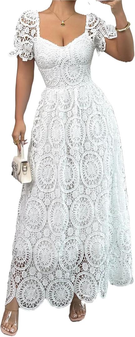 ASANDY Women's Floral Lace Short Sleeve Square Neck Flower Swing Hem Layered Fairy Wedding Bridesmaid Cocktail Maxi Dress (Large, White)