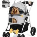 4 Wheel Foldable Pet Stroller - Lightweight Dogs and Cats Stroller Upto 50lbs with Mesh Canopy, Storage Basket and Cup Holder, Durable for Walks and Outings (Medium)