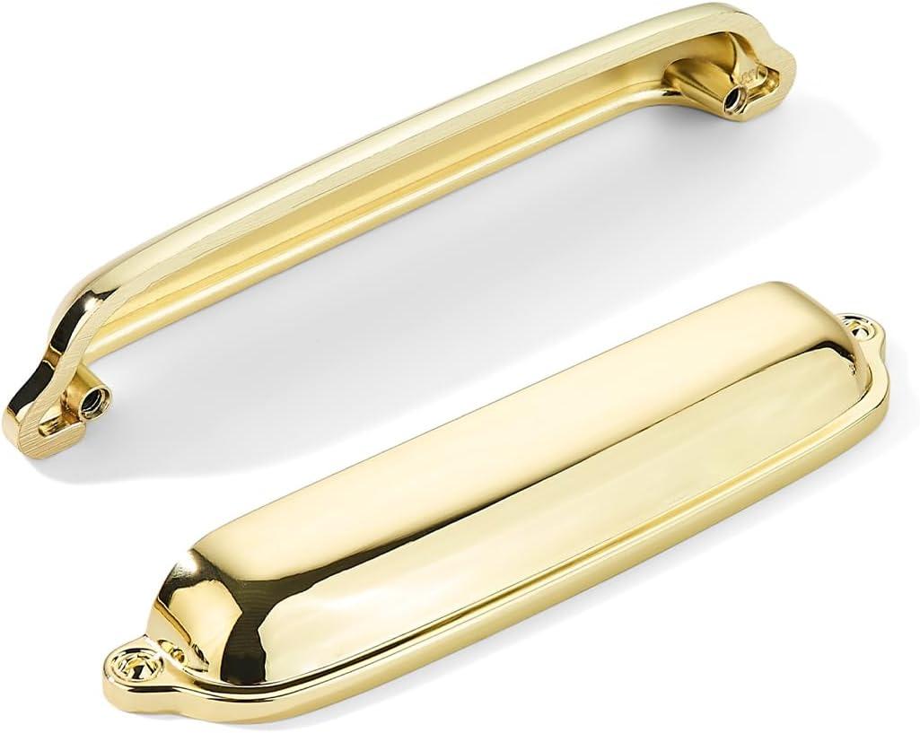 khtumeware 10 Pack Polished Brass Cup Pulls 4 Inch Center to Center - Cabinet & Drawer Handles for Kitchen Hardware