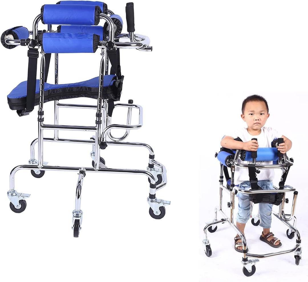 Walkers Disabled Children Cerebral Palsy Disabled Kids Walker Six Wheel Anti Tilt Foldable Belt Seat Adjustable Height Width, Disabled Auxiliary Equipment Rehabilitation Training Walking Aid (35*29*27in)