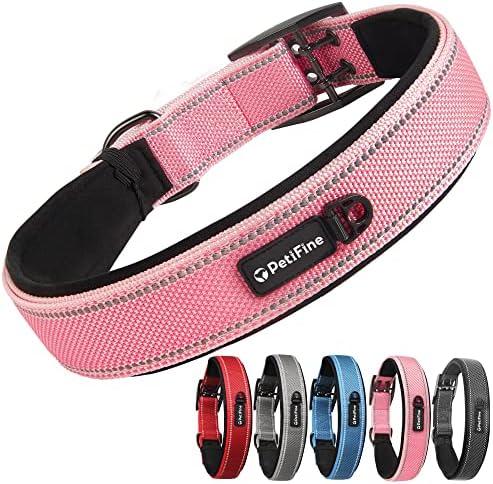 PetiFine Dog Collar for Large Dogs, Neoprene Padded and Adjustable, Reflective Wide Heavy Duty Pet Collars with Durable Metal Belt Buckle for Walking, Pink, XL