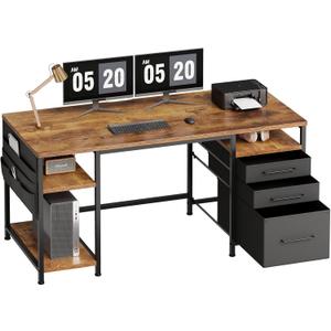 Maihail Home Office Desk with Drawers Adjustable Shelves, 59 inch Writing Desk with File Cabinet, Large Computer Desk with Storage, Rustic Brown