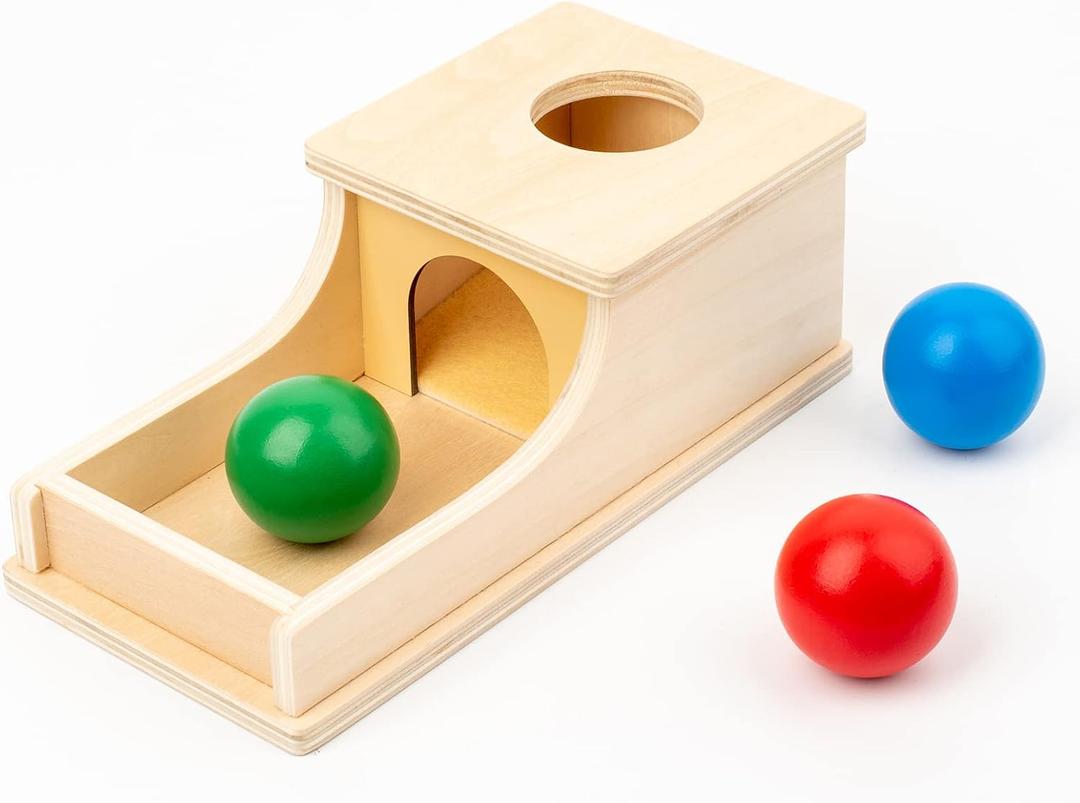 Busy edition Montessori Toys Object Permanence Box Soft Sound Wooden Baby Ball Drop Play for 6 Month 1 2 3 Year Old Toddlers Infant Early Age Toy (Red Green Blue), Middle