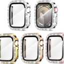 Goton 4-Pack Bling Screen Protector for Apple Watch Series 9 8 7 45mm Case, Women Glitter Diamond Rhinestone Bumper Cover for iWatch Accessories 45 mm (Silver+Gold+Rose Gold+Pink( Glass))