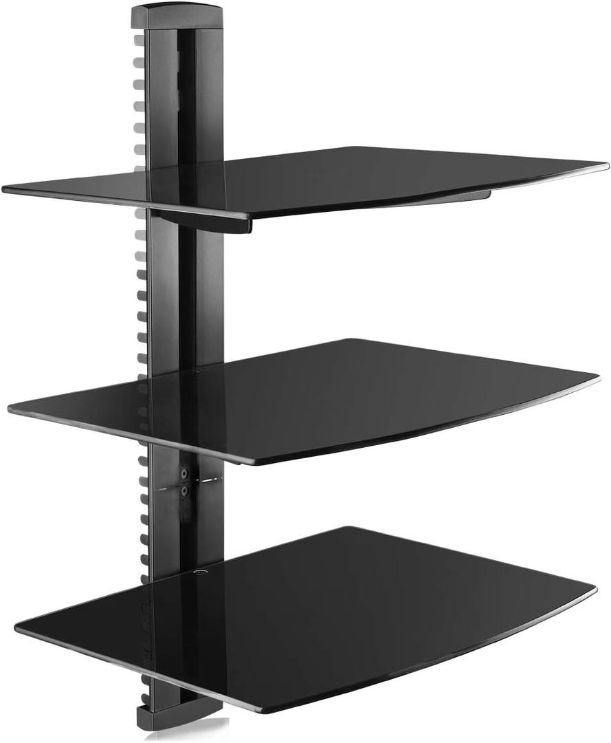 suptek 3 Floating Shelf Wall Bracket with Strengthened Tempered Glass for DVD Players/Cable Boxes/Games Consoles/TV Accessories, 3 Shelves, Black, CS303, 3-Tiers