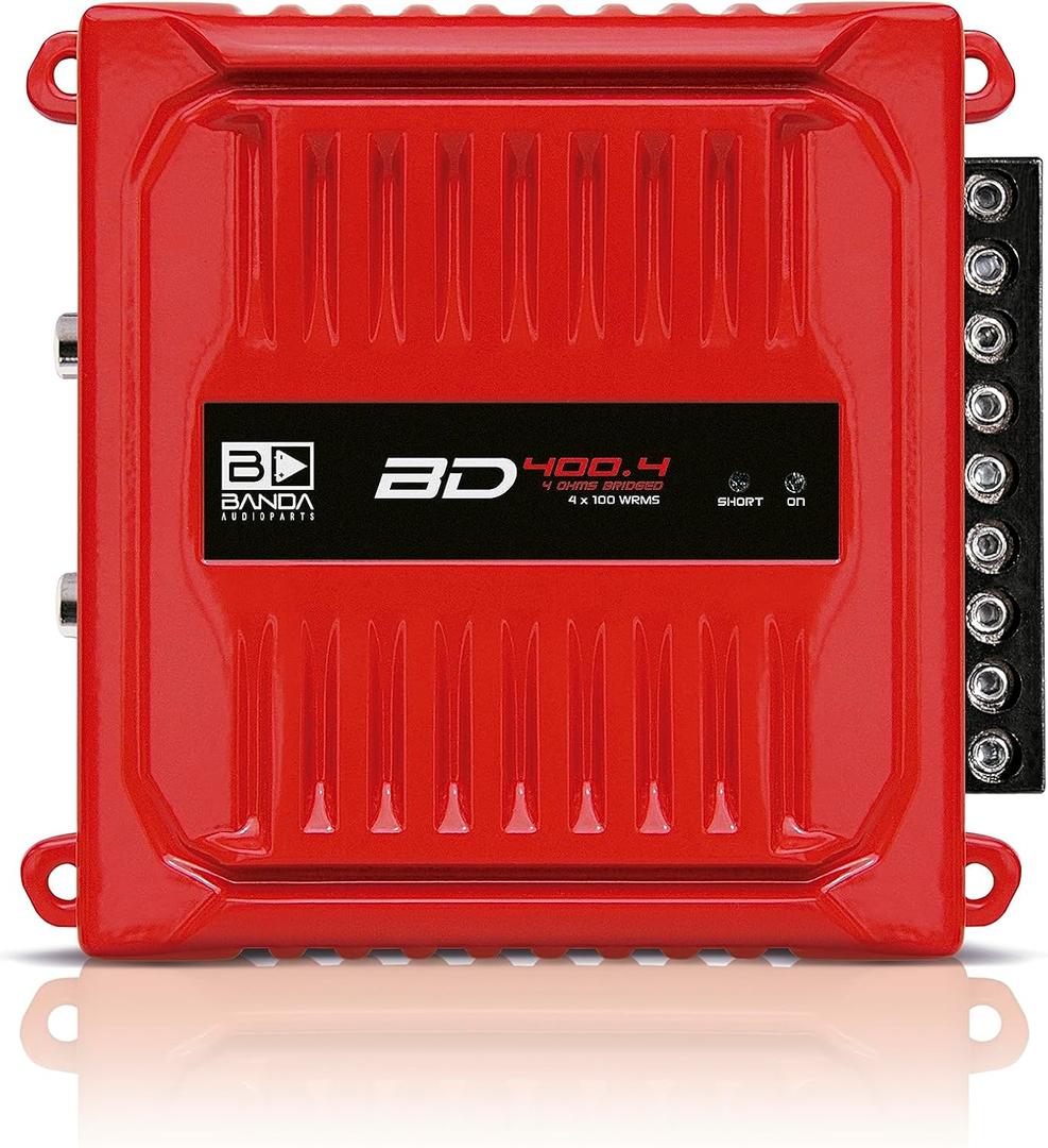 BD400.4RED Four Channel 4 x 100 Watt Rms Full Range Car Audio Amplfier 4 Ohms Bridged with Optional Use Low or High Pass Filters Red