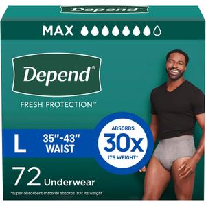 Depend Fresh Protection Adult Incontinence Underwear for Men, Disposable, Maximum, Large, Grey, 72 Count (2 Packs of 36), Packaging May Vary