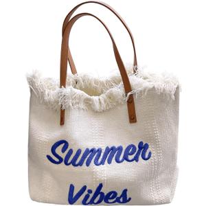 Women Large Beach Canvas Tote Bag Summer Vibes Beach Bag Big Capacity Tassel Handbag