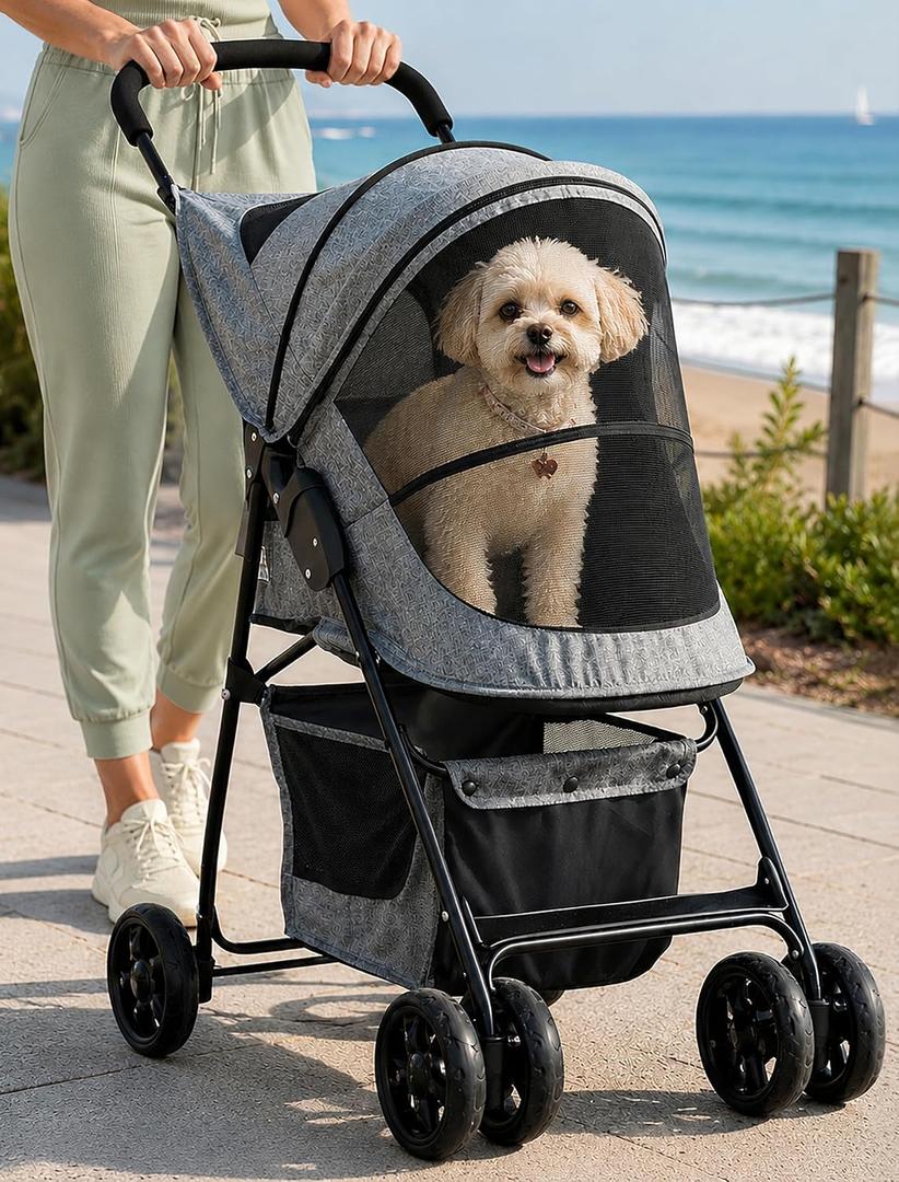 Pet Gear Happy Trails Pet Stroller, Light Sand Zipper Entry, Easy Fold with Removable Liner, Safety Tether, Storage Basket, For Cats/Dogs, 20.5*17.3*7.1 Inches