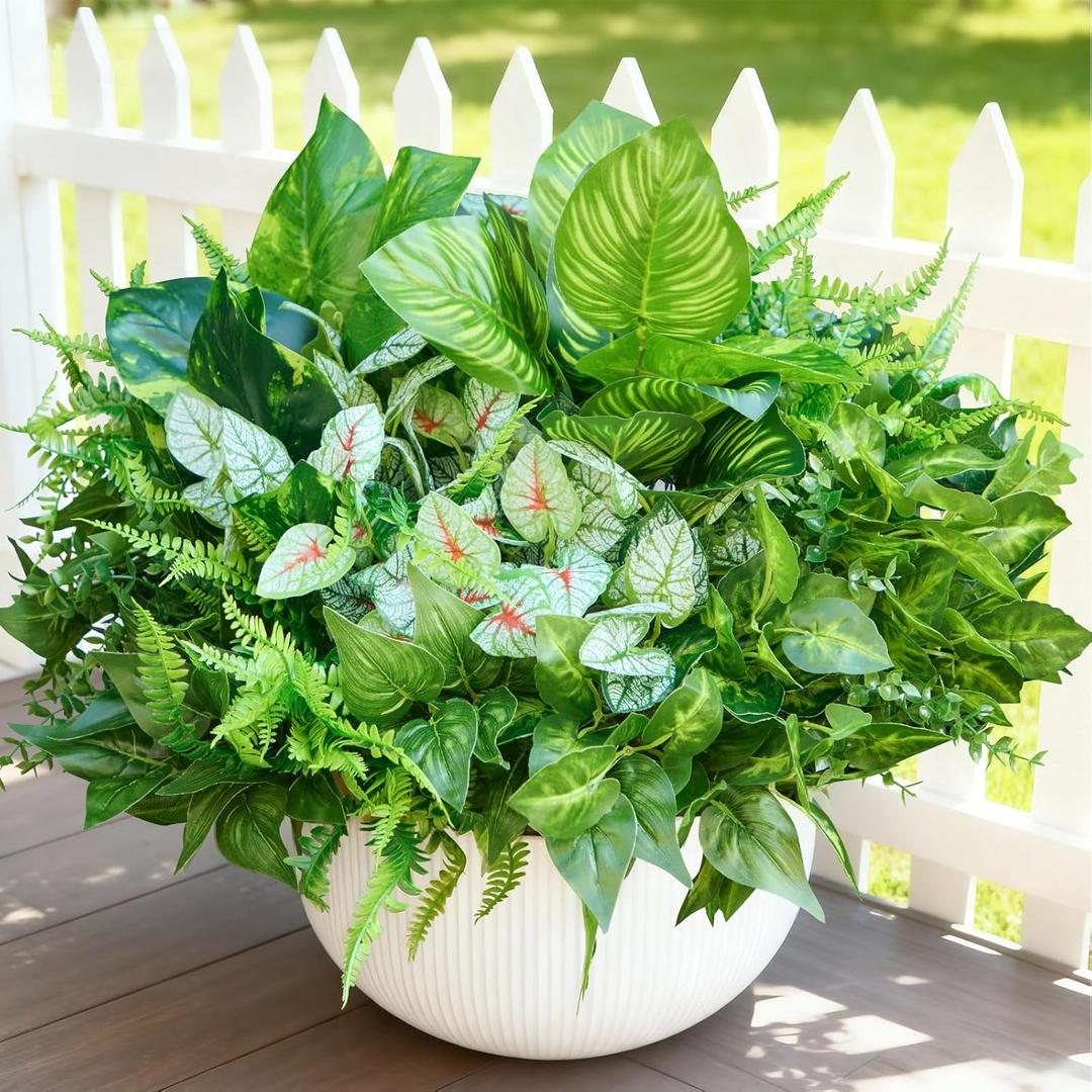 24 Bundles Artificial Plants Outdoor,UV Resistant Fake Greenery Stems with Large Shrubs Faux Plastic Plant for Outside Front Porch Planters Garden Window Box Patio Decor(Pot Not Included)