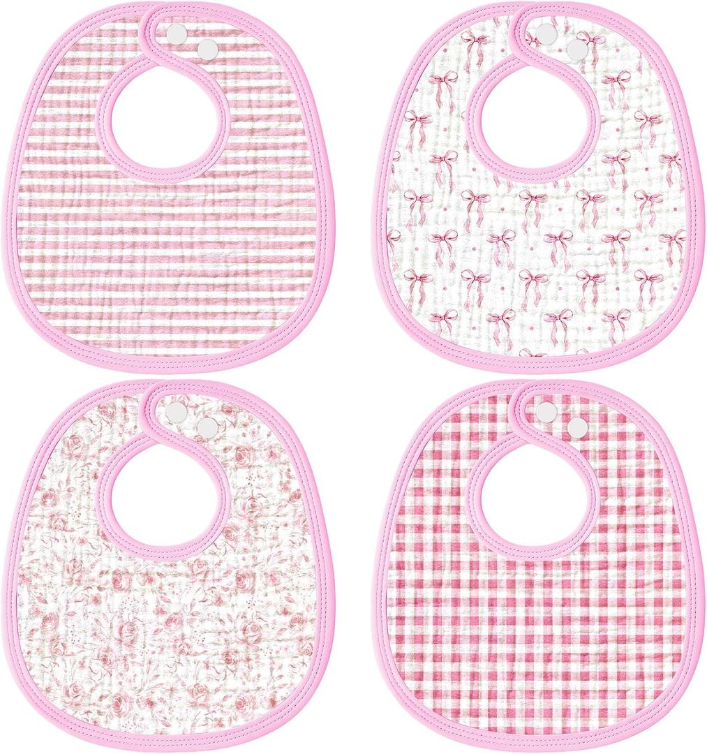 4 Piece Drooling Bibs for Baby Boys Girls,Soft Triple Layer Cotton Muslin, Adjustable Newborn Bibs for Drooling