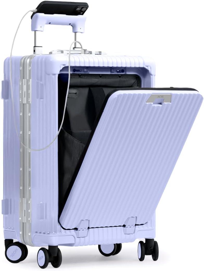 Nobl Travel Carry On Luggage, Noble Zipperless Aluminum Frame PC Hard Shell Suitcase, 20.8"x15"x8.7" Airline Approved, 360 Spinner Wheels, TSA Locks, USB Charging Port, Cup & Phone Holder - Lavender