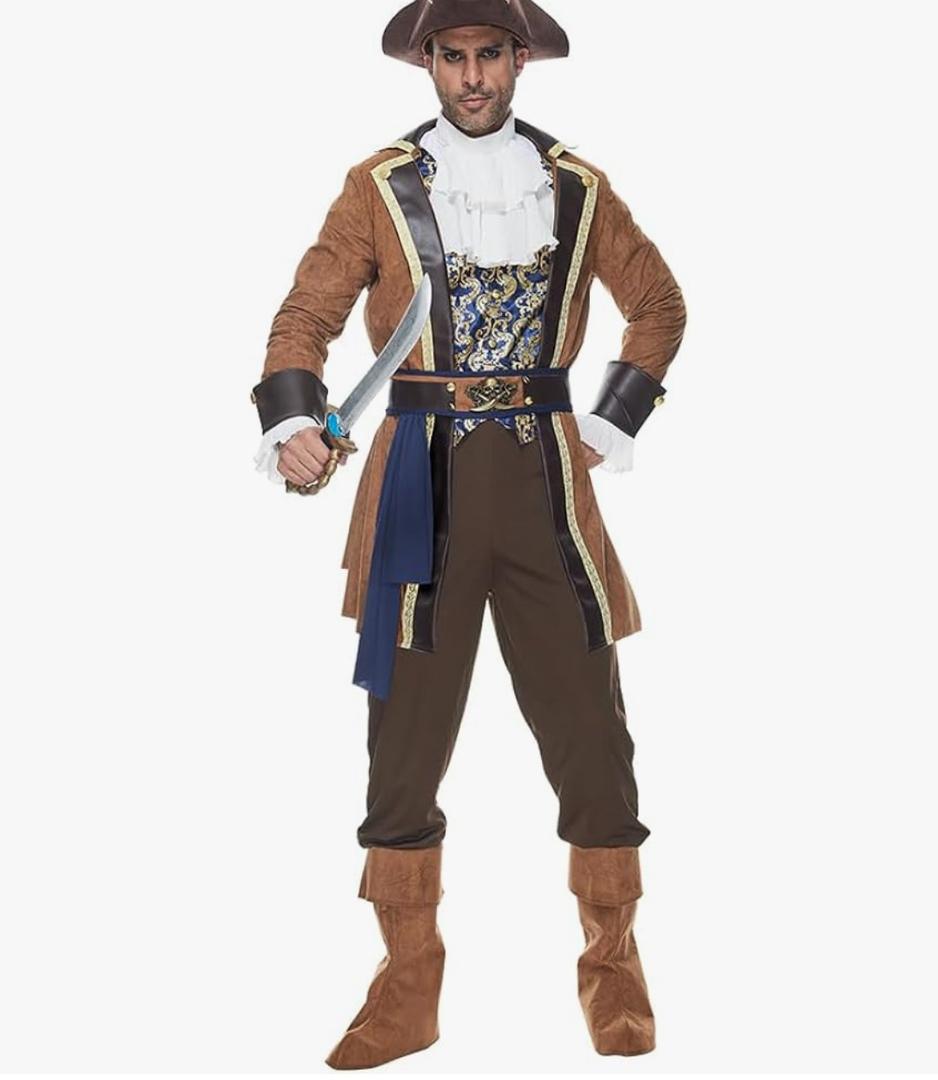 Men Deluxe Pirate Costume Adult Halloween Outfit Sea Captain Buccaneer Cosplay Party Dress Up 6 Pcs Large