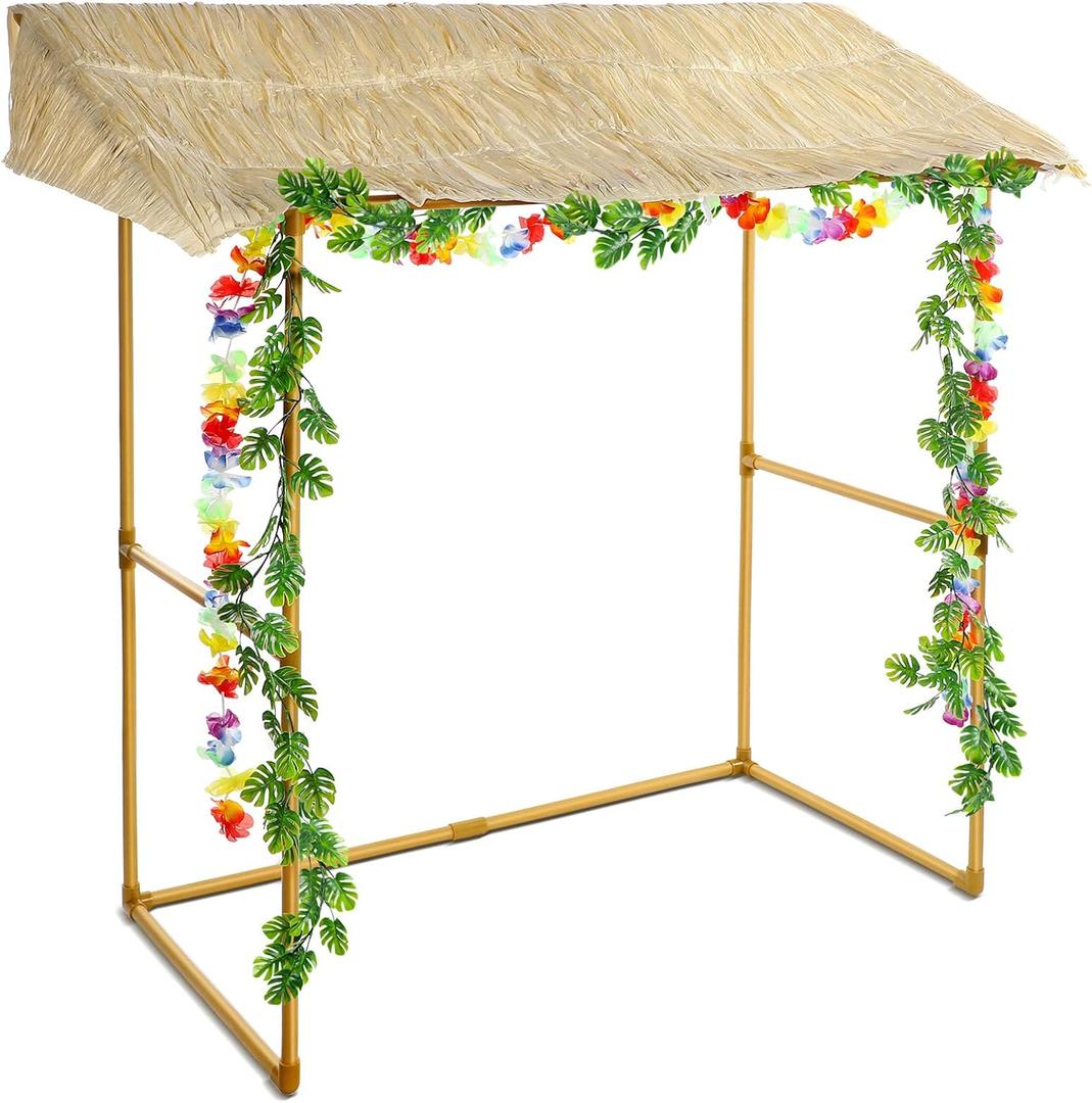 Jexine Tiki Bar Hut Tropical Tabletop Hut with 2 Pcs Decorative Artificial Monstera Tropical Garland Fake Tropical Jungle Hanging Plants for Summer Hawaiian Luau Beach Pool Party Decorations