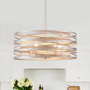 XINGQI 19.7" Round Brushed Nickel Chandelier 5-Light Modern Farmhouse Pendant Lighting Fixture for Dining Room Rustic Drum Hanging Lamp for Entryway Kitchen Foyer Bedroom