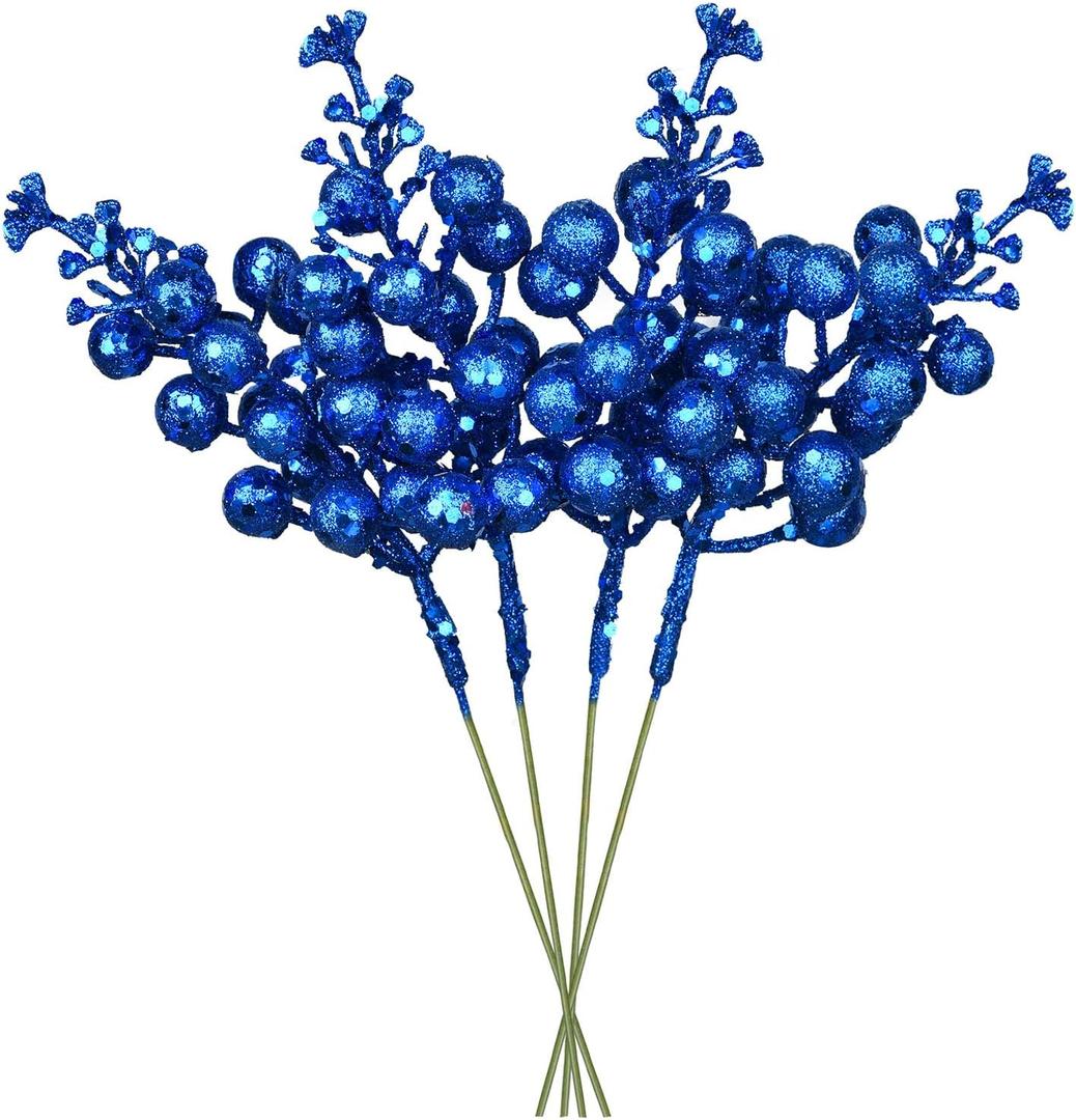 DearHouse 14 Pack Christmas Glitter Berries Stems, 7.8Inch Artificial Christmas Picks for Christmas Tree Ornaments, DIY Xmas Wreath, Crafts, Holiday and Home Decor (Dark Blue)