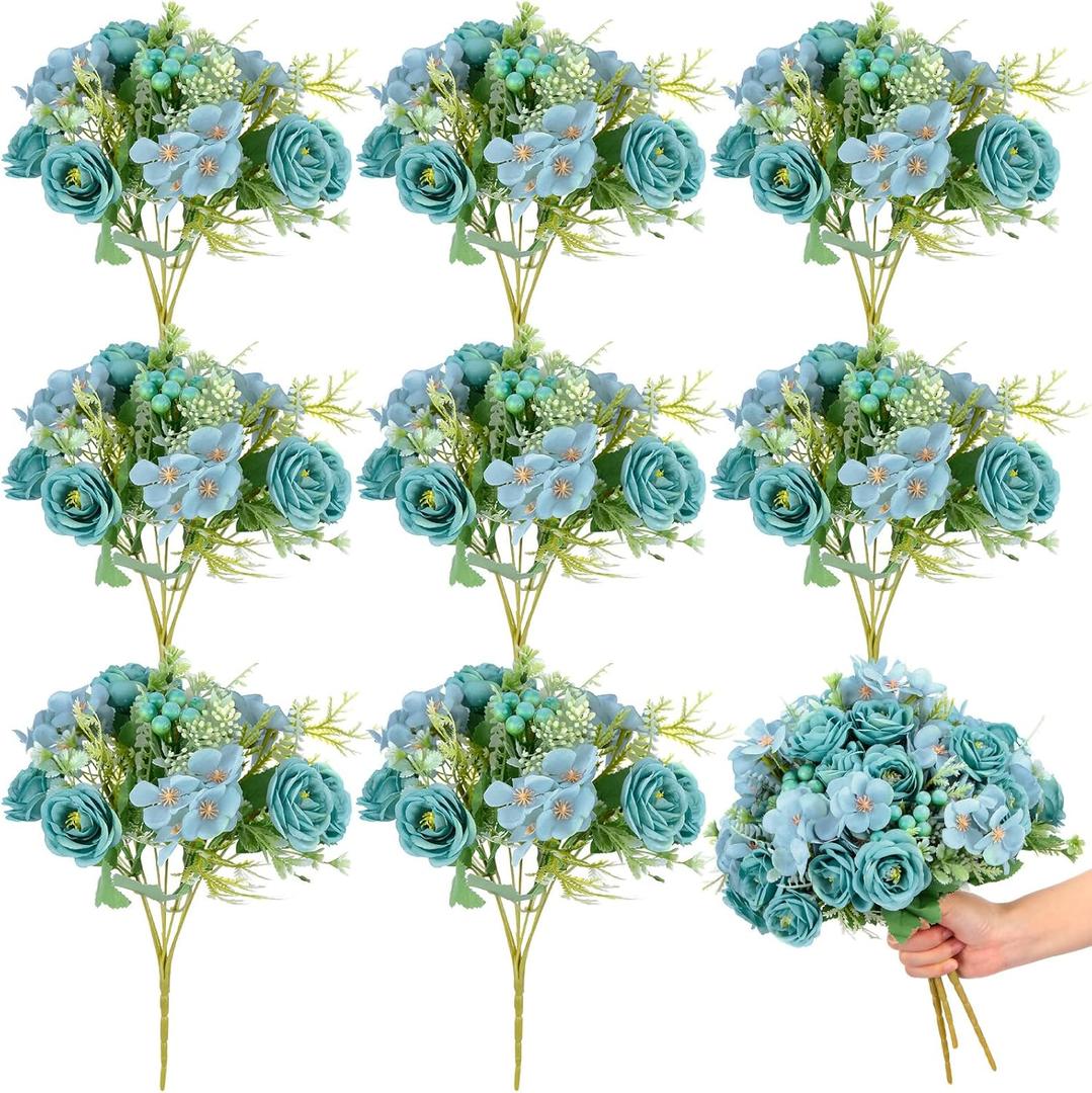Yungyan 8 Pcs Wedding Artificial Rose Flowers Fake Roses Silk Hydrangea Berry Bouquet 12 Inch Faux Flowers for Bridal Wedding Party Floral Home Decoration Table Centerpieces(Teal Blue)