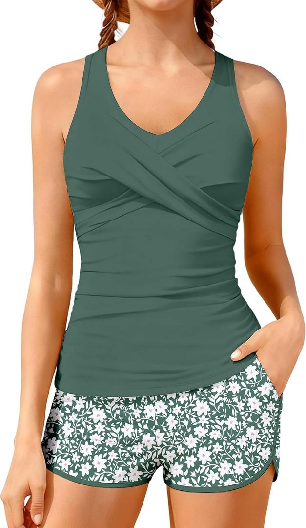 Girls Tankini Swimsuits with Shorts - 2 Piece Criss Cross Bathing Suits Top with Two Pockets Bottom Swimwear for 9-16 Years