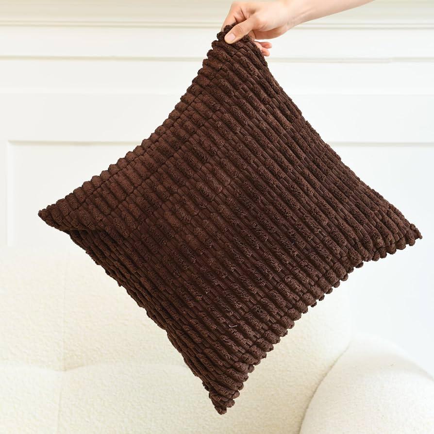 Panleding Pack of 2 Decorative Throw Pillow Covers, Corduroy Boho Striped Pillow Cases, Simple Modern Home Decor for Sofa Living Room Couch Bed, 18x18 Inch, Black & Brown