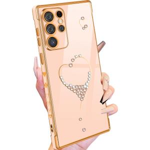 Petitian for Samsung Galaxy S23 Ultra Case, Cute Women Girls Bling Glitter Designed Heart Cases for Galaxy S23 Ultra, Girly Gold Plating Cover for Samsung S23 Ultra (Pink)