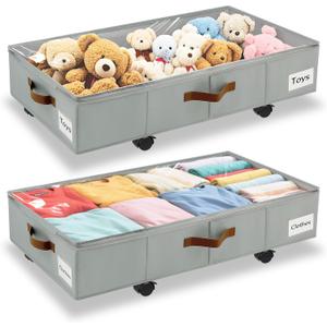 Under Bed Storage with Wheels,Underbed Storage with Sturdy Sidewalls/Bottom, Clear Cover, Label and PU Handle, Rolling Under Bed Drawers for Clothes, Shoes, 5.5 Inch Height,Grey, 2 Pack