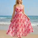 Womens Floral Spaghetti Strap Maxi Dress Sheer Flowy A Line Dress (Pink)