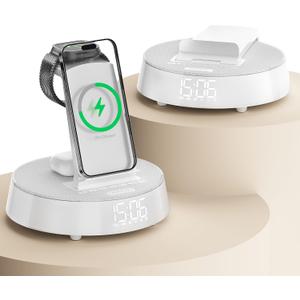 Alarm Clock with Wireless Charging Station, Clock for Bedroom with Night Light Bluetooth Speaker, Wireless Charger Dock Station for iPhone 17 16 15 14 13 12 Pro Max, Apple Watch 11, AirPods 3 (White)