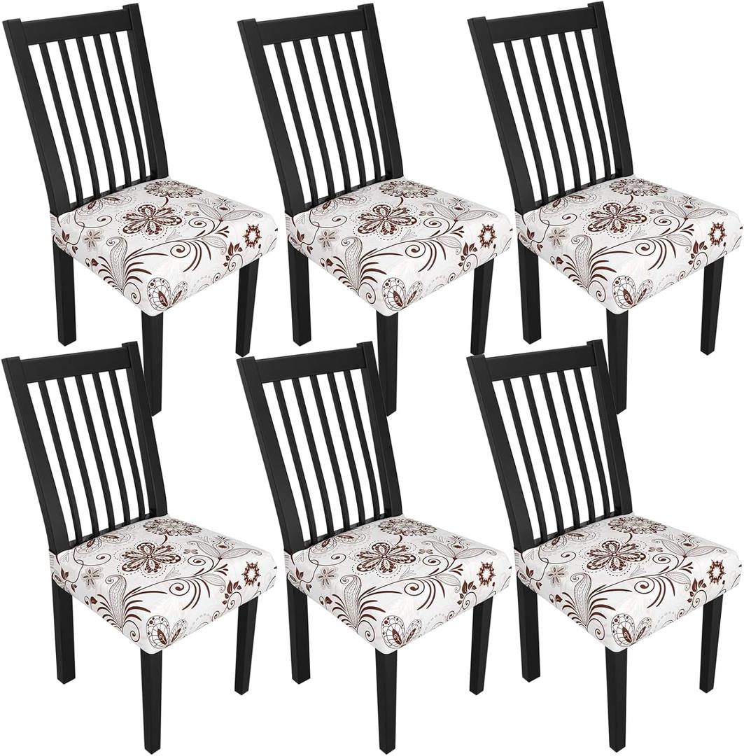 Stretch Dining Chair Seat Covers Set of 6,Dining Chair Slipcovers, Floral Printed Chair Covers,Soft Fabric Washable Upholstered Chair Seat Protector, No Rear Covers for Home Kitchen Dining Room