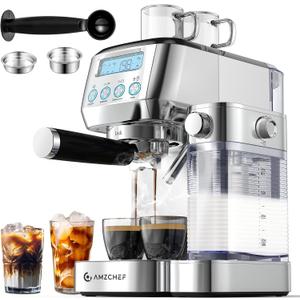 AMZCHEF Espresso Machine with Upgraded Automatic Milk Frother, 20 Bar Cappuccino Machines with LCD Display for Home Gifts, Latte Coffee Maker with Dual Wall & Filters, Sliver