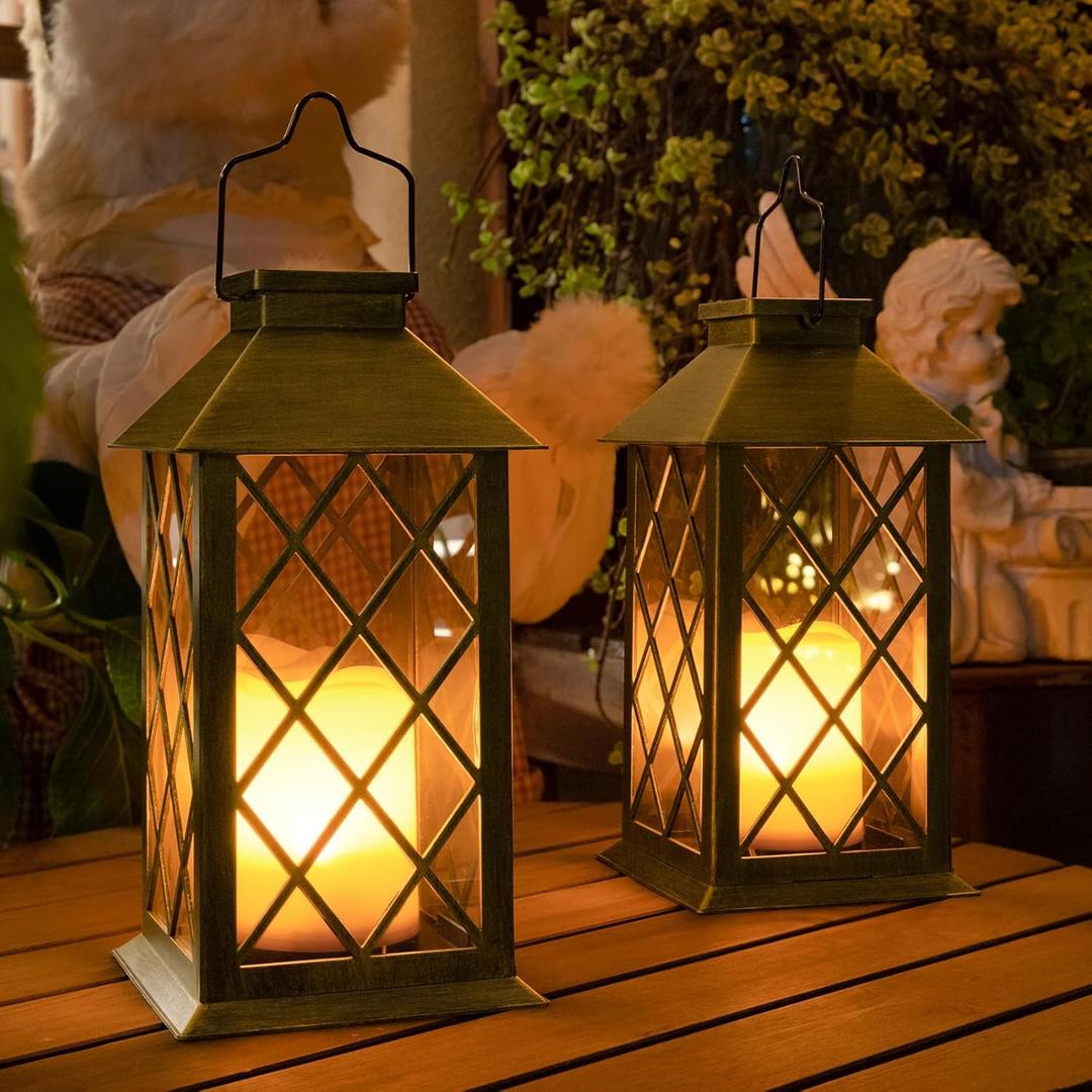 TAKE ME 14" Solar Lanterns Outdoor Waterproof Garden Lanterns Large Flickering Flameless Candle Mission Lights for Table, Outdoor, Party Mothers Day Gifts (2 Packs Brush-Painted Antique Bronze Color)