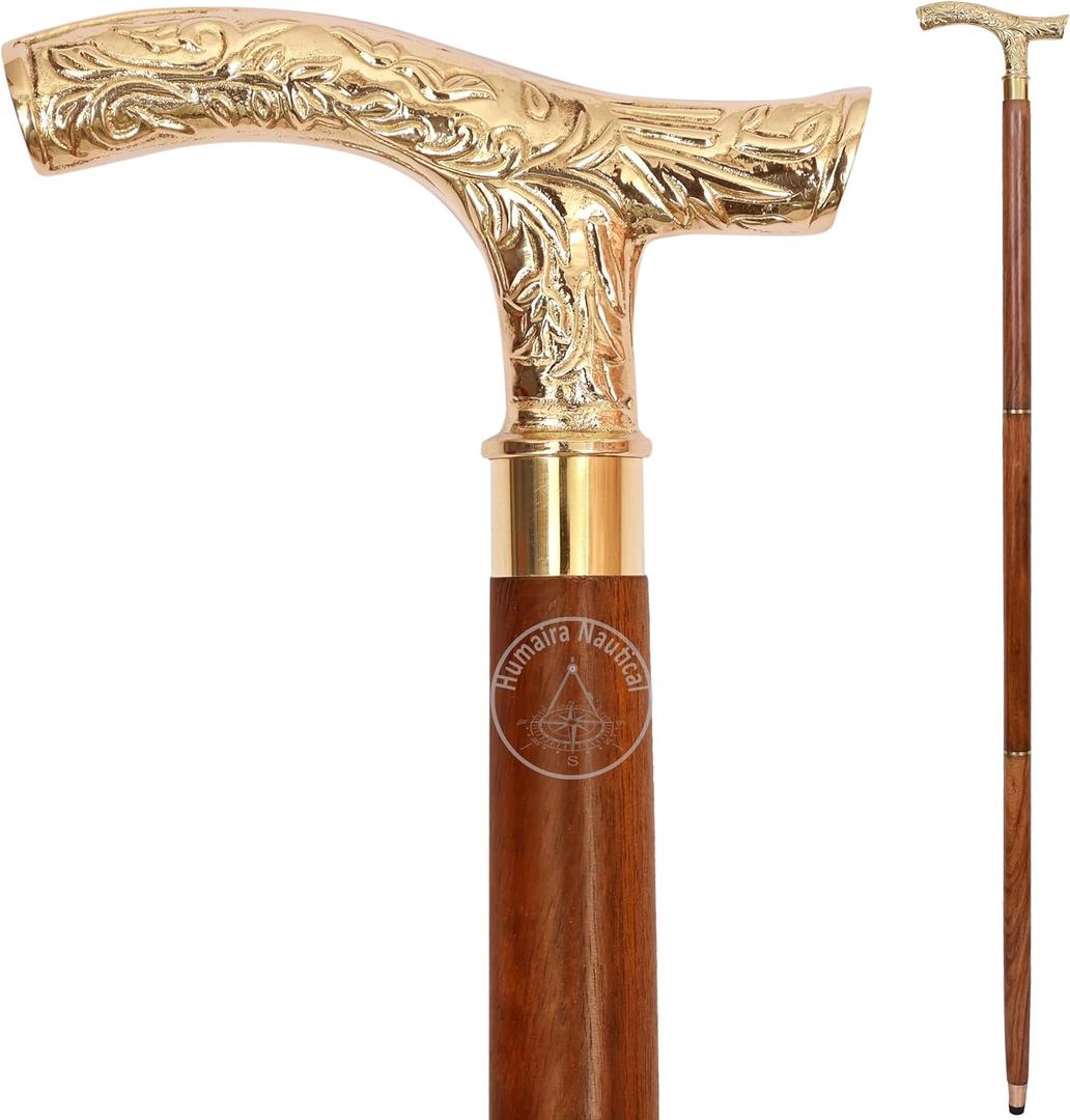 Vintage Brass Walking Stick Handmade Wooden Cane with Solid Brass Handle Antique Style Collectible Walking Cane for Men, Women & Seniors Unique Gift Idea